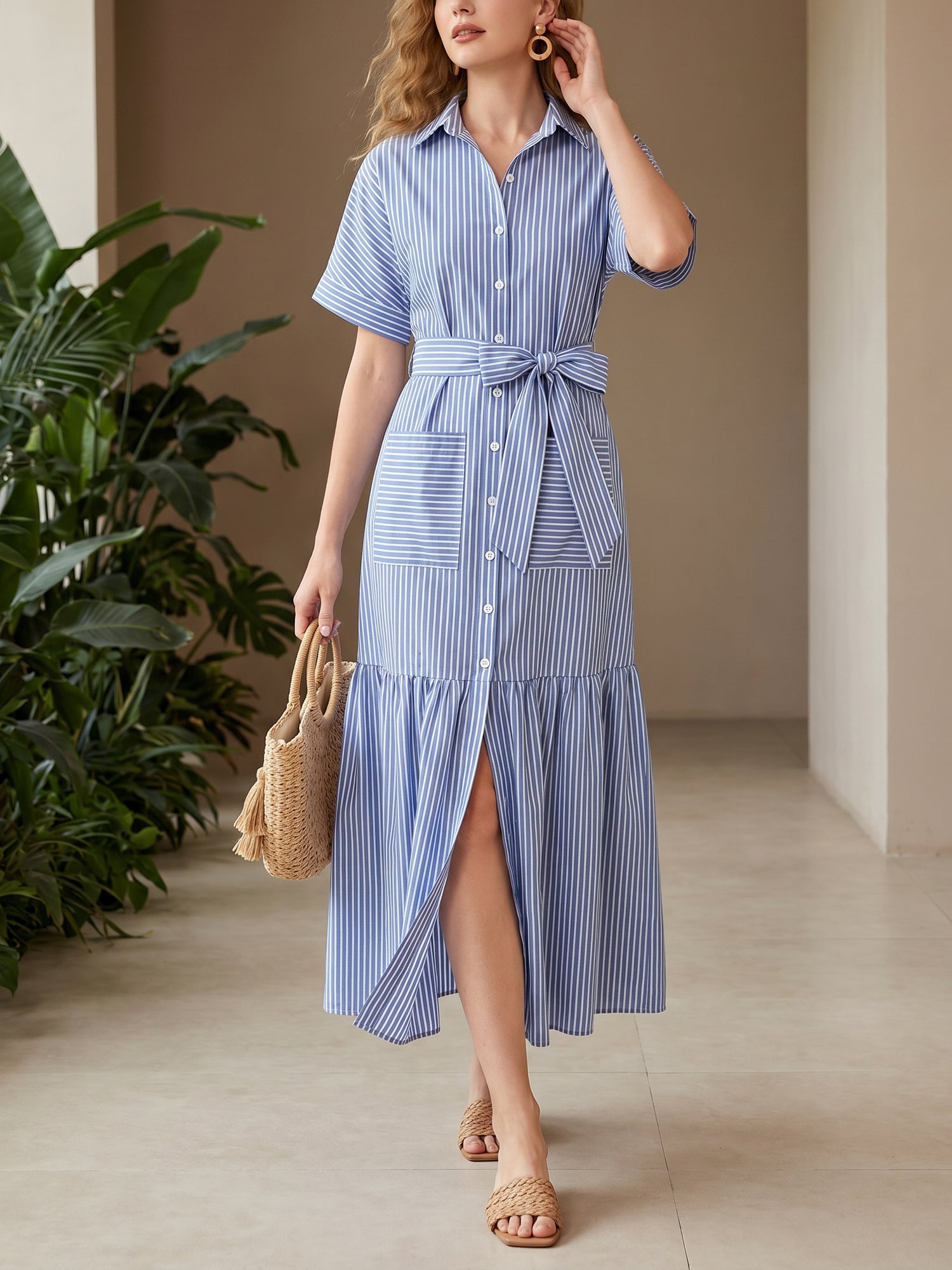 Striped Short Sleeve Pocketed Belted Shirt Dress