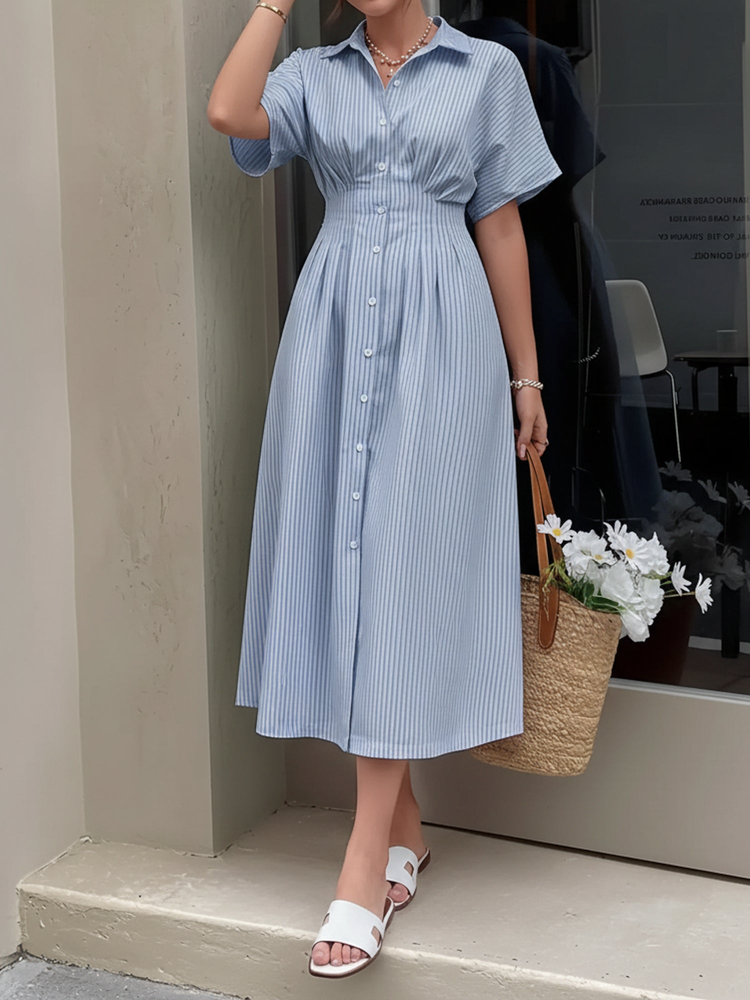 Casual Striped Short Sleeves Pleated Shirt Dress