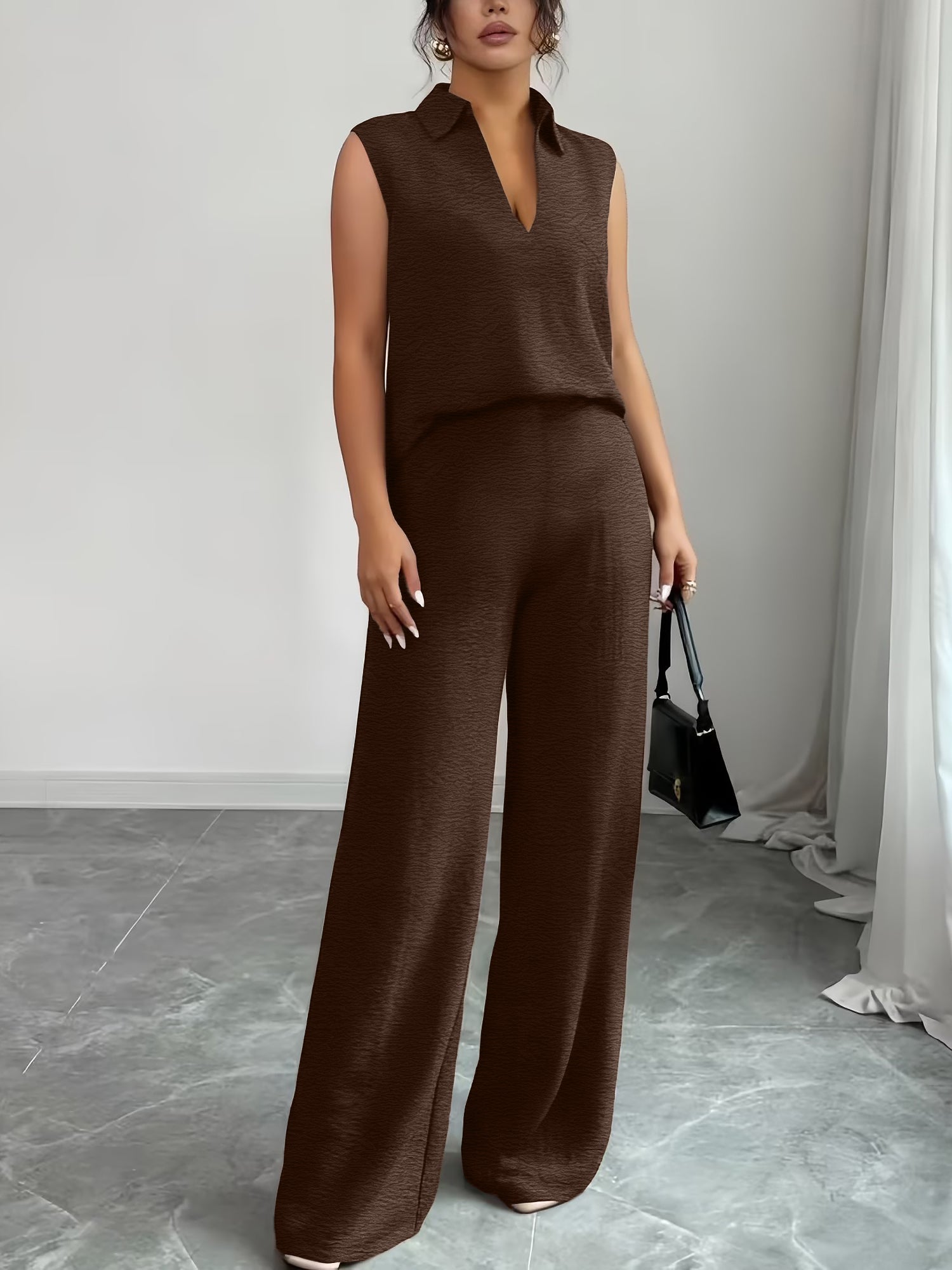 2 Pieces Collar Sleeveless Top & Loose Straight Leg Pants Matching Set