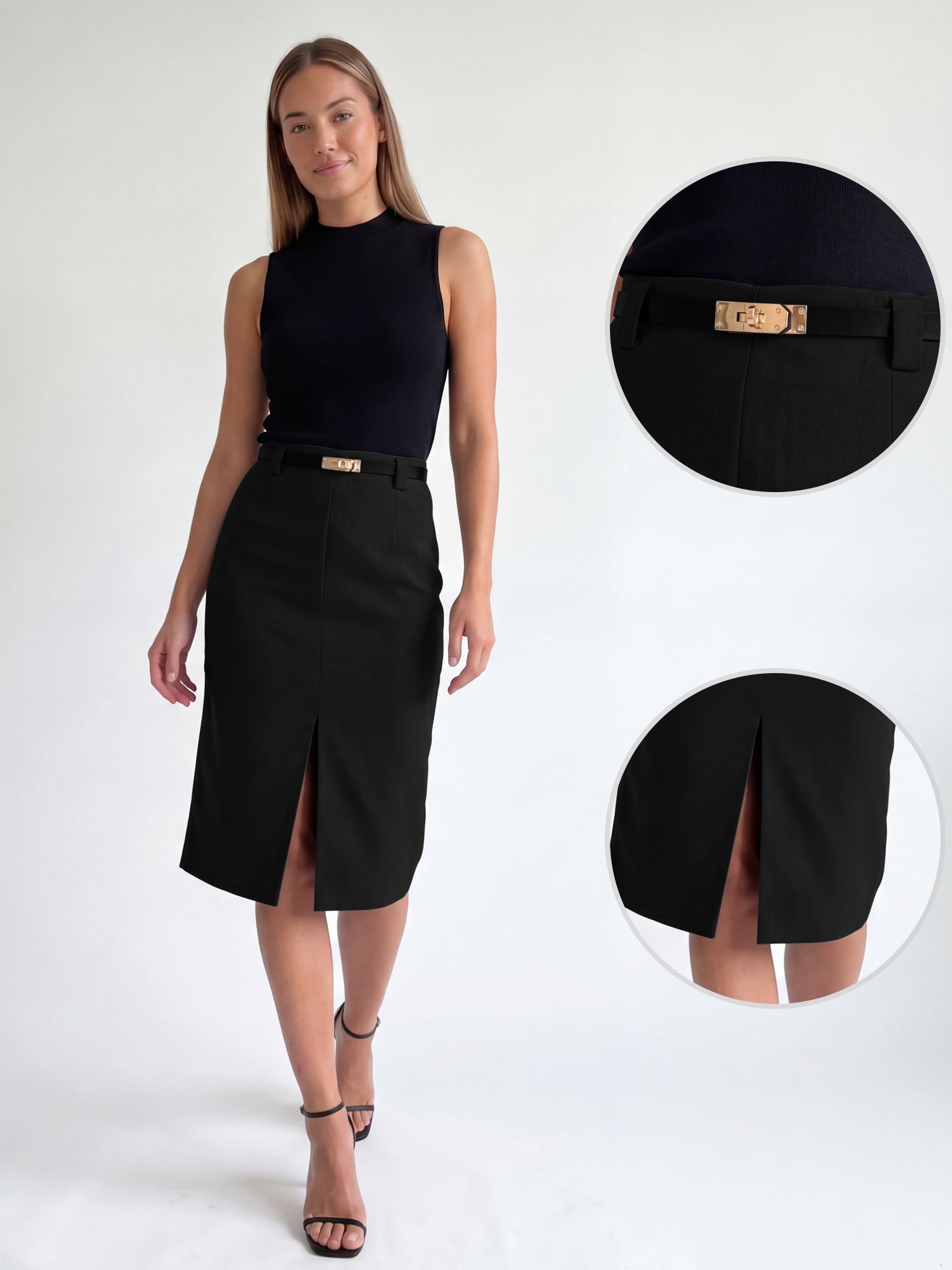 Slit Belted Office Business Work Knee Length Pencil Skirt