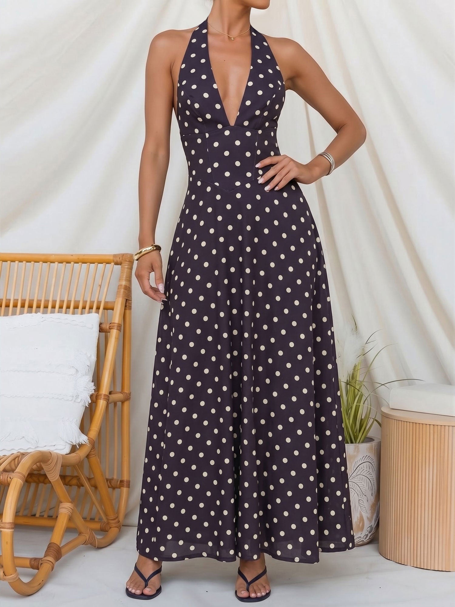 Printed Halter Neck Lace-Up A-Line Maxi Dress