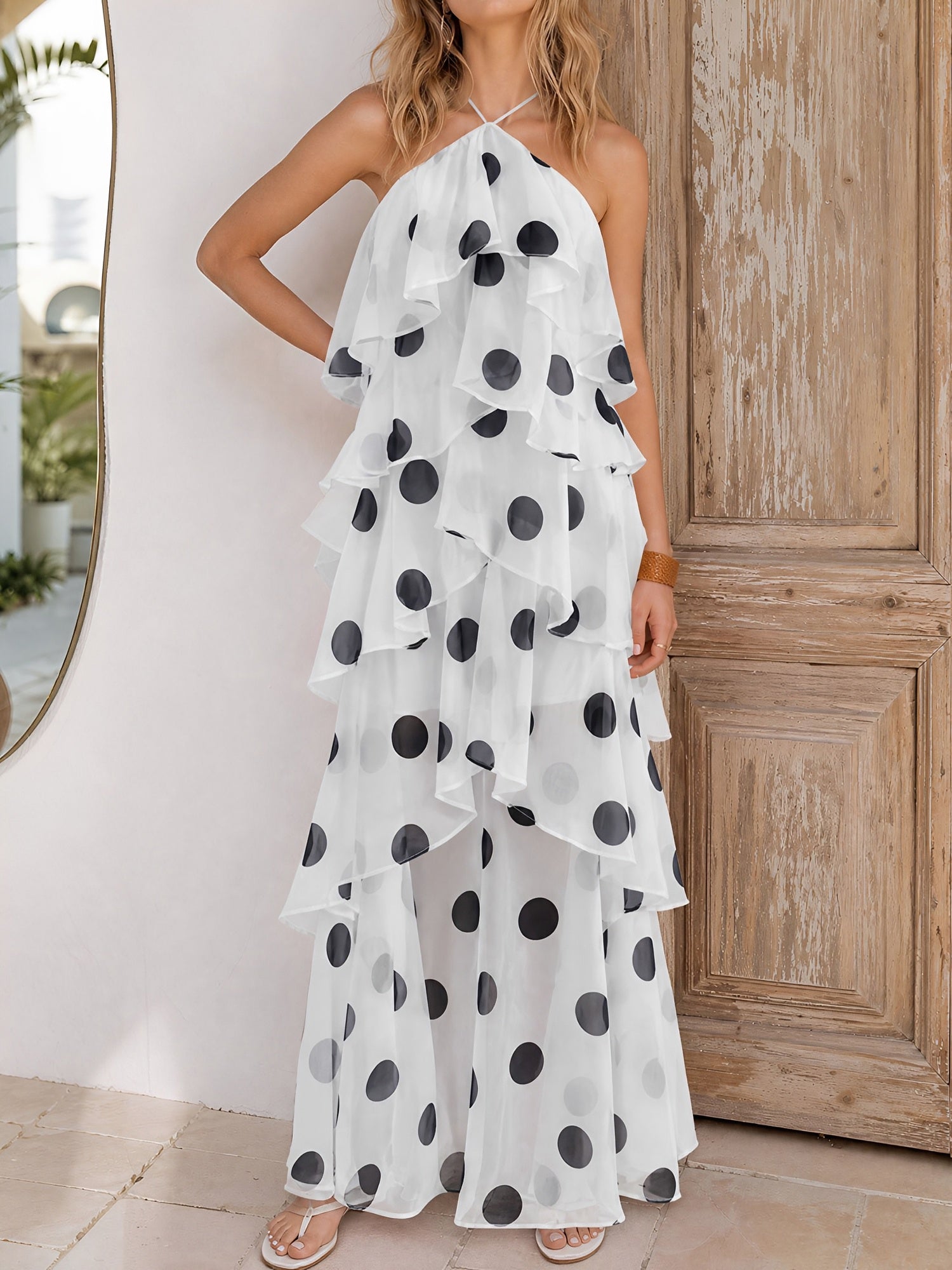Polka Dot Floral Halter Neck Tiered Layered Dress