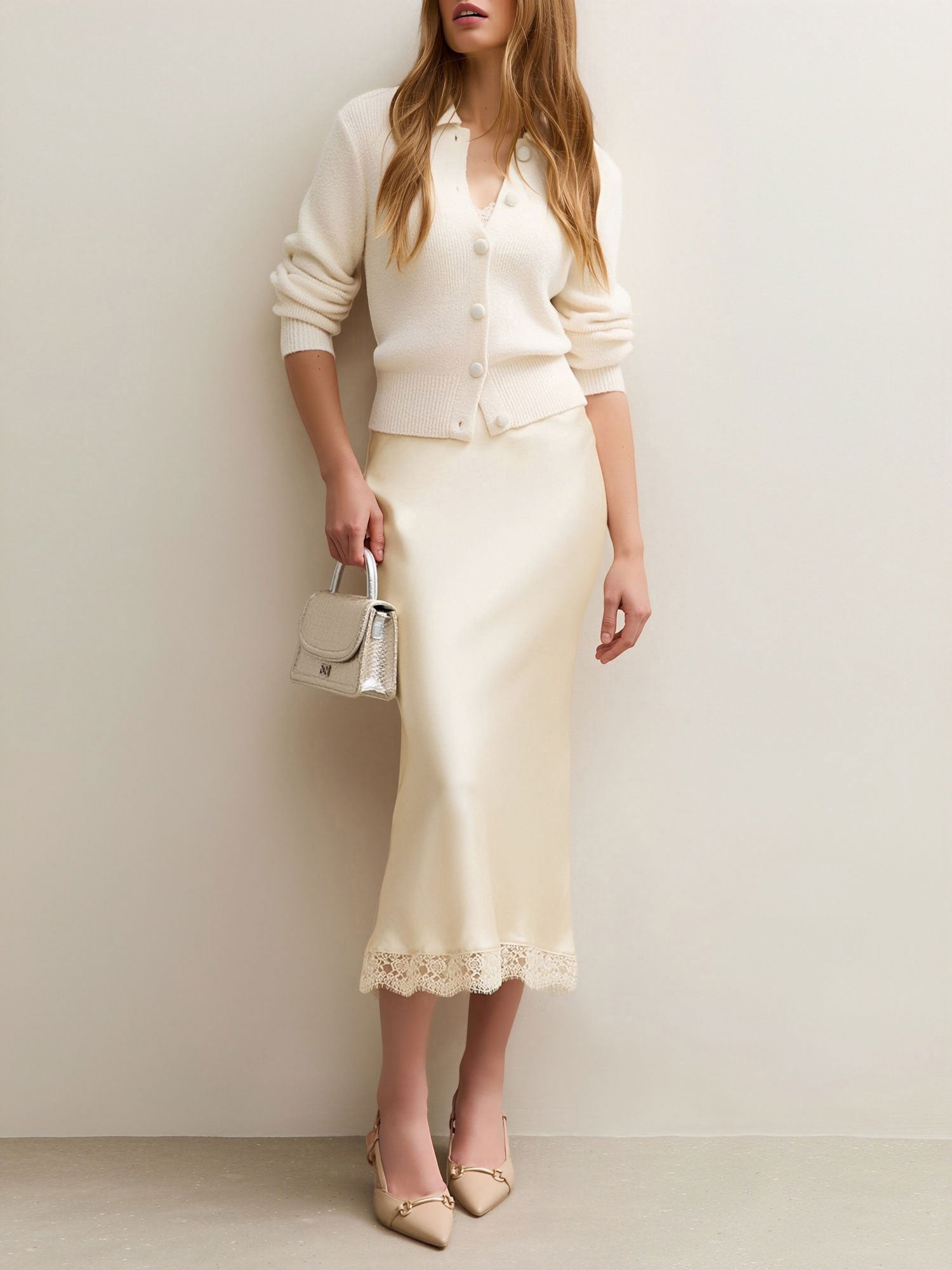 Lace Satin Elastic High Waist Midi Skirt