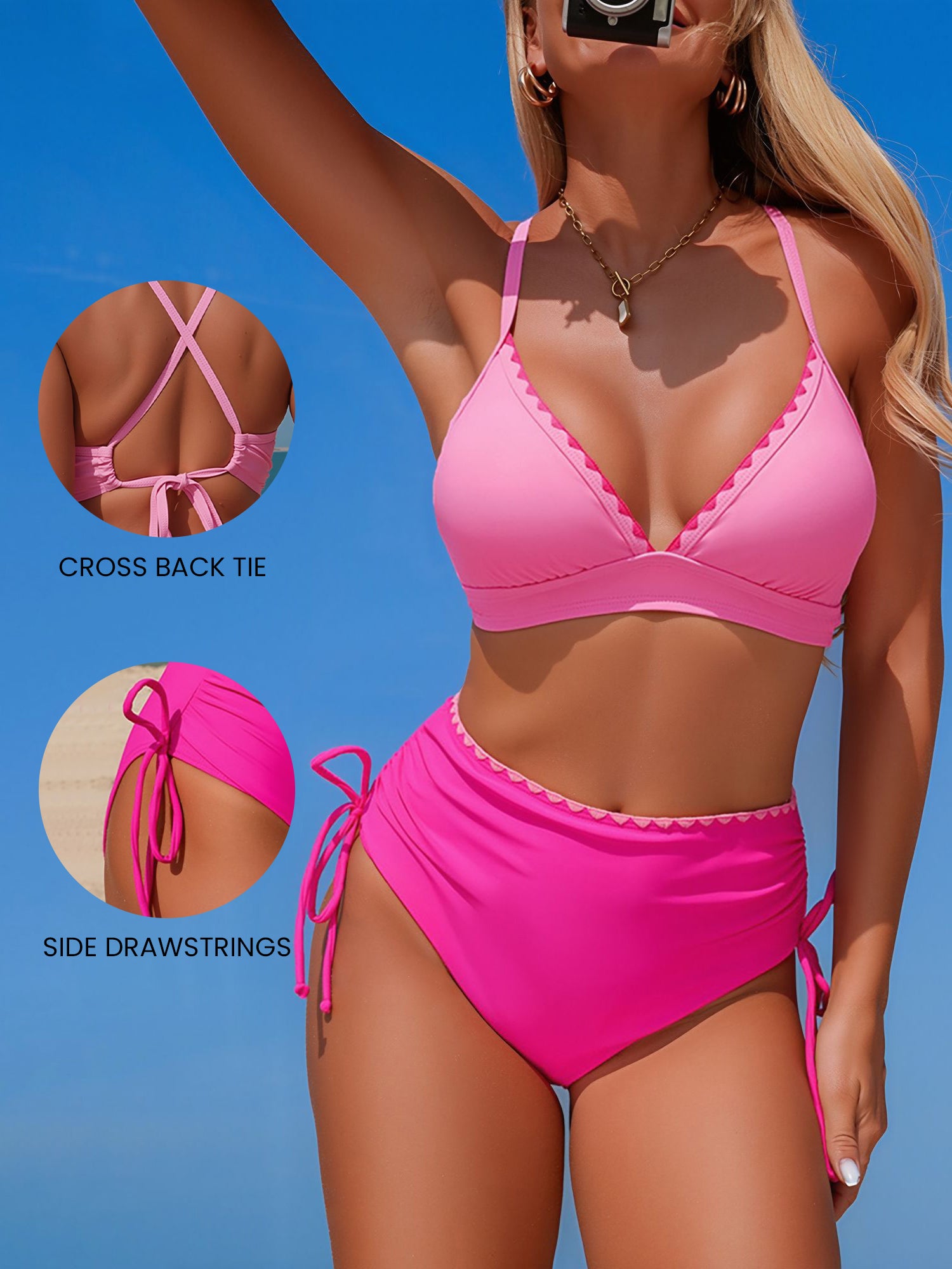 2 Pieces Colorblock Lace-Up Backless Bikinis Set