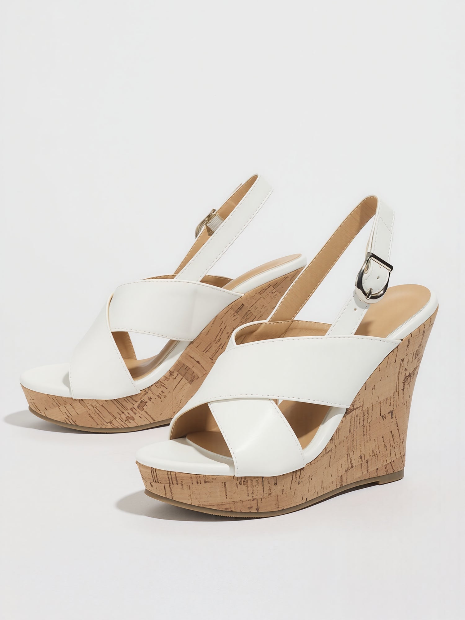 Faux Leather Round Toe Criss Cross Slingback Wedge Sandals