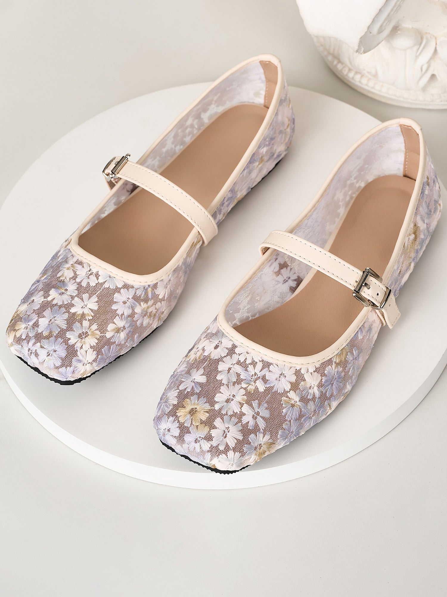 Mesh Floral Square Toe Ballerina Ballet Flats