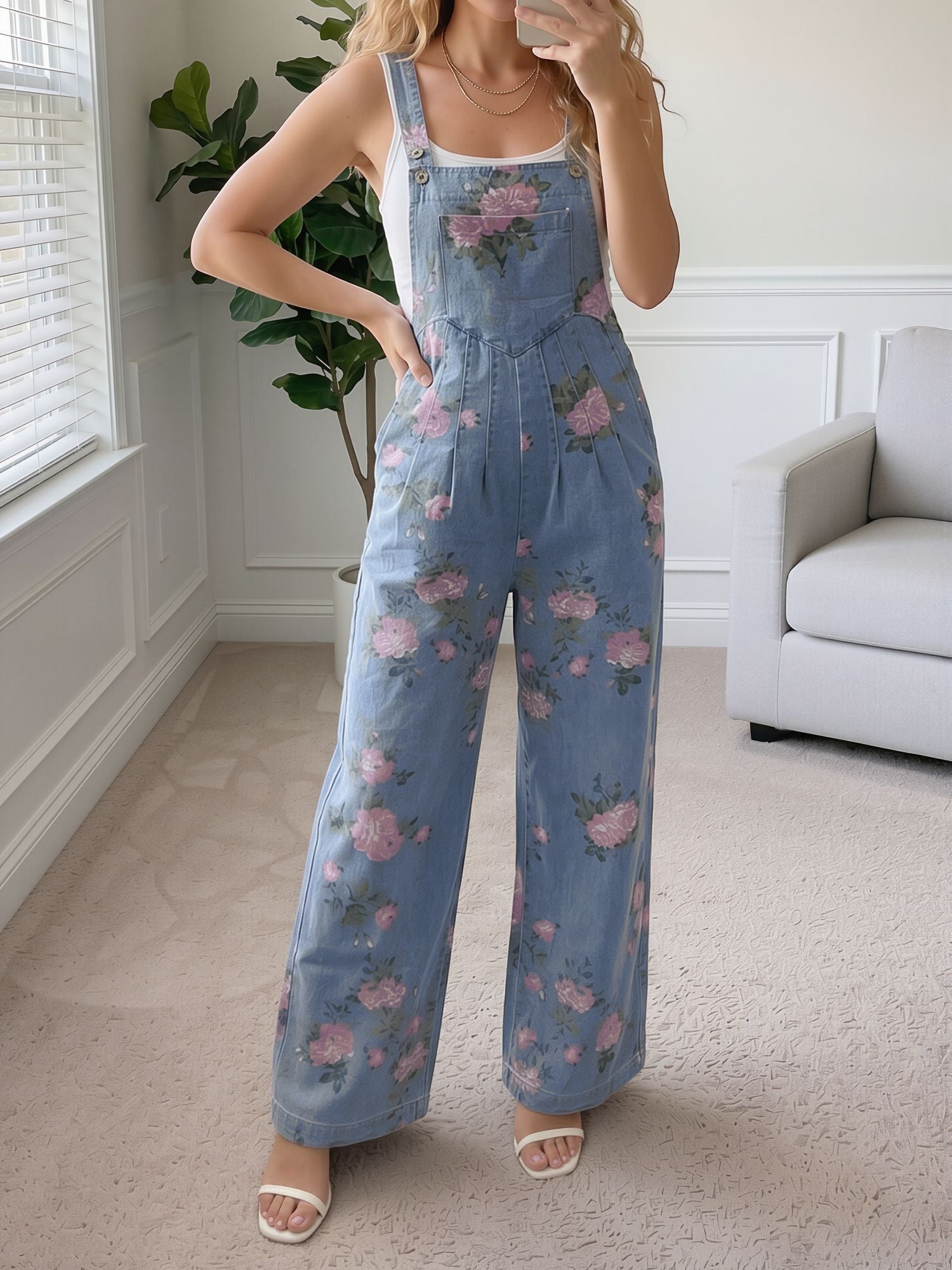 Denim Floral Print Casual Sleeveless Overalls