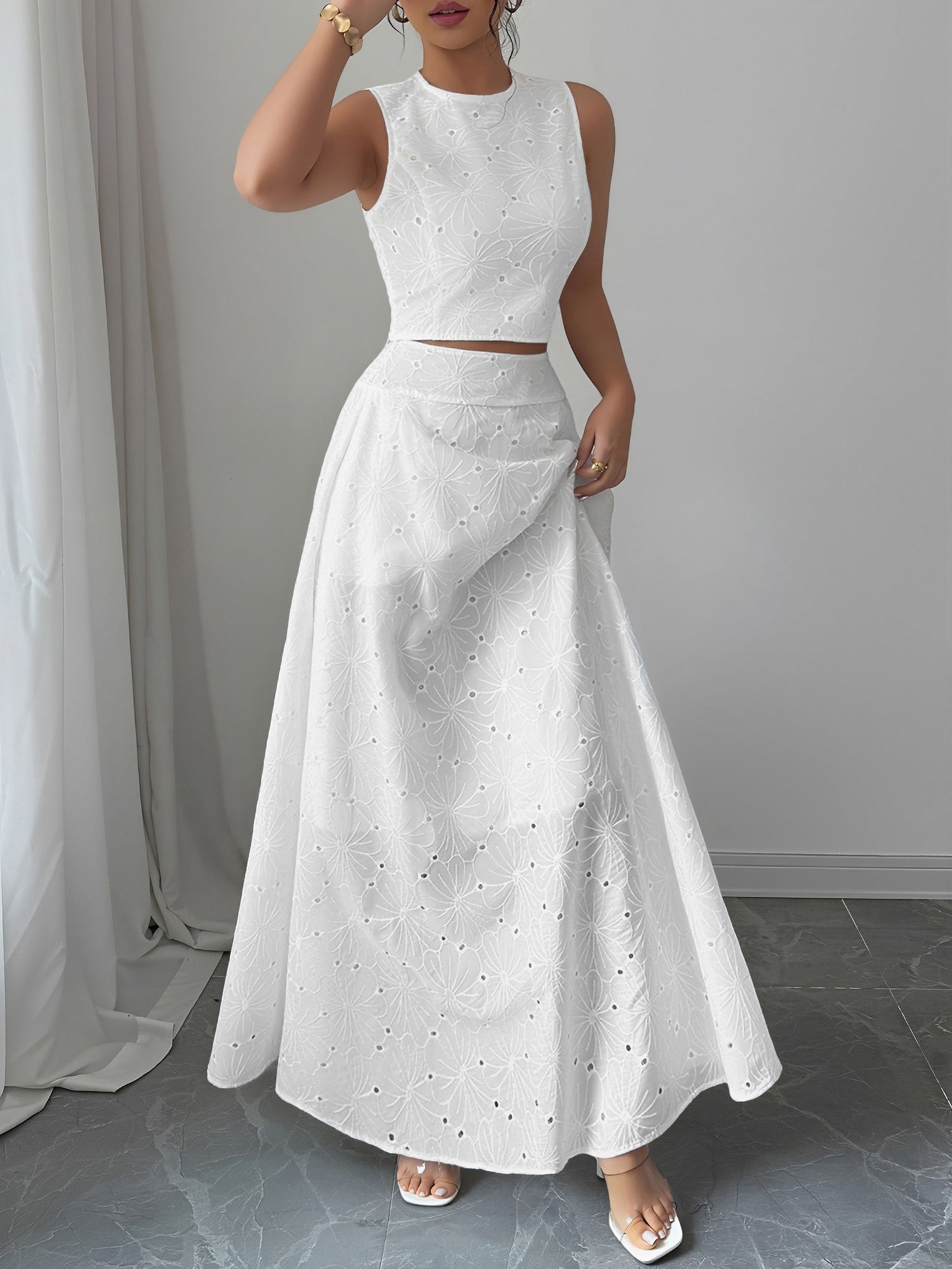 2 Pieces Eyelet Sleeveless Cropped Top and A-Line Maxi Skirt Matching Set