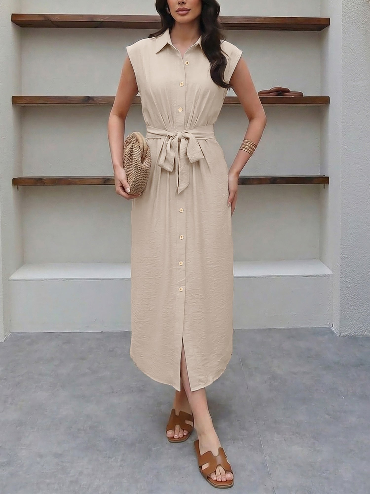 Solid Color Button Down Midi Shirt Dress